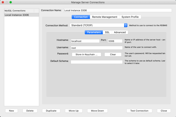 macOS MySQL Workbench Edit Connection dialoogvenster
